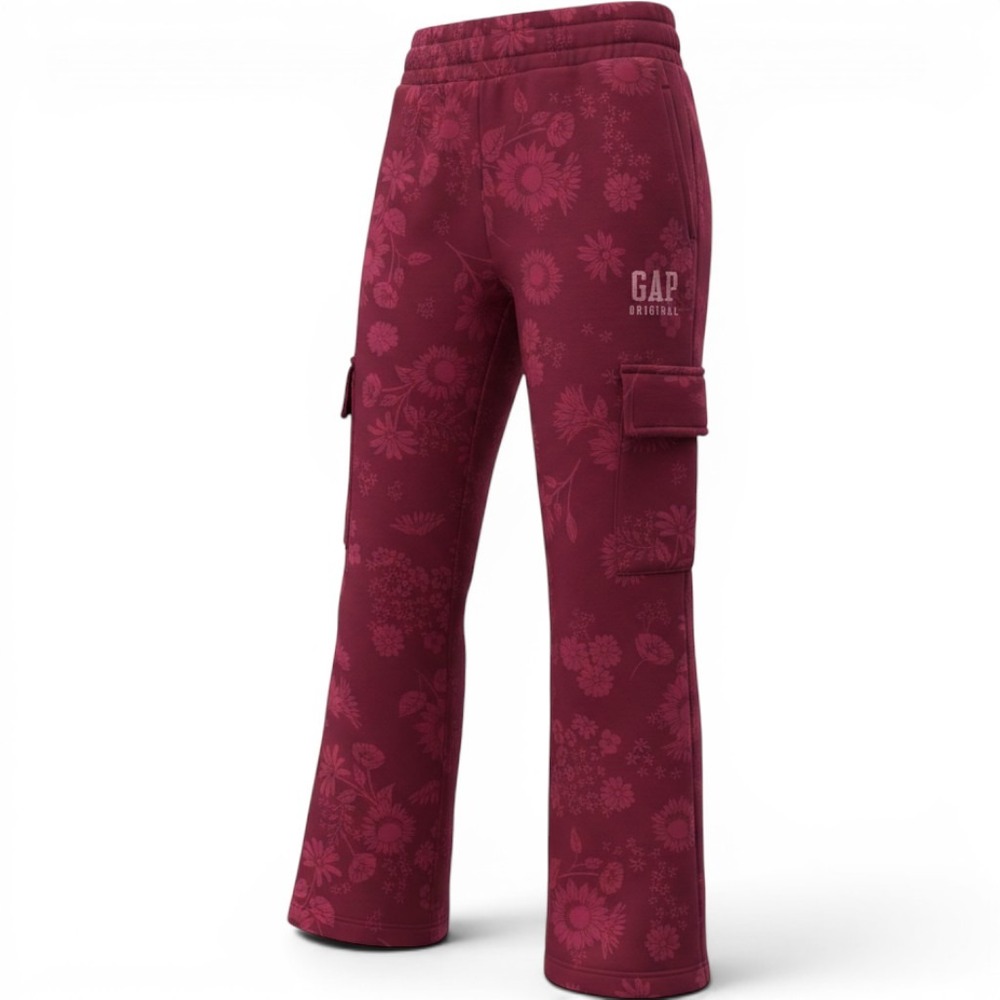 NWT Gap Kids Youth Fleece Pants Red Floral Cargo Wide Leg S 7/8 Coquette Comfy